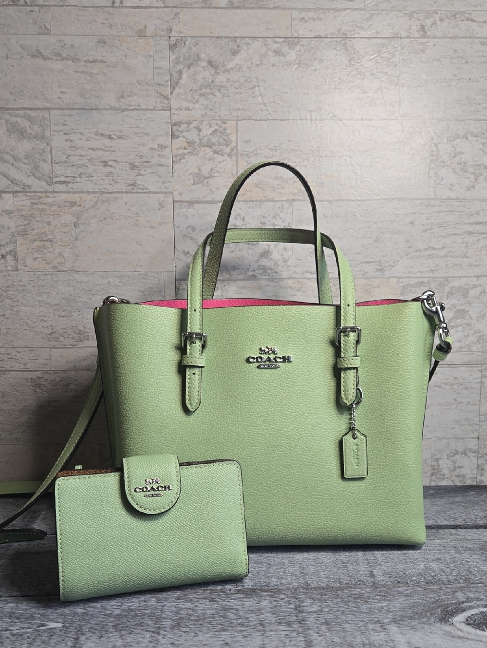 Coach Mollie Tote 25 with Matching Wallet Pale Pistachio Set Crossbody Strap